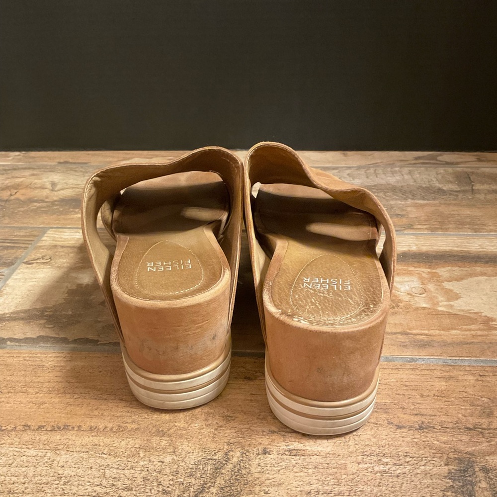 Preowned Eileen Fisher Grand Platform Suede Cut Out Sandals wms 8 in wheat - Picture 4 of 8